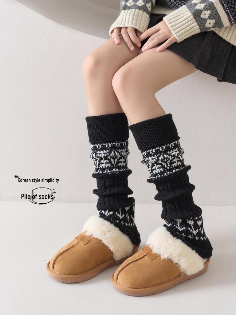 Girls' Korean Fair Isle Leg Warmers - Warm, Thick, and Slouchy for Autumn and Winter