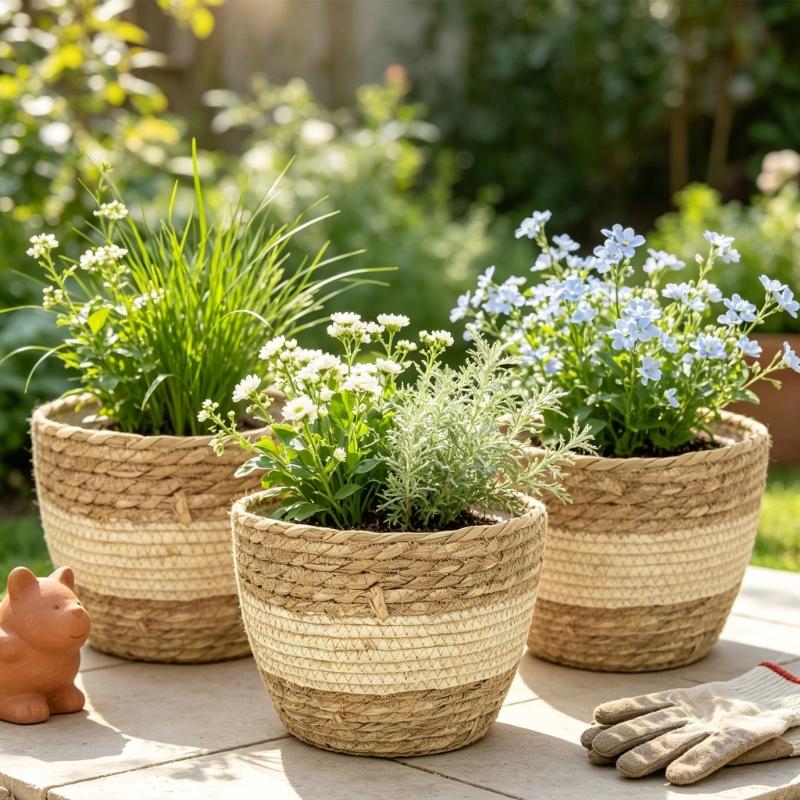 Decorative Flower Pot Cover Set, Three Natural Fiber Baskets In Graduated Sizes with Neutral Color Blocking for Windowsills, Studies, and Entryways