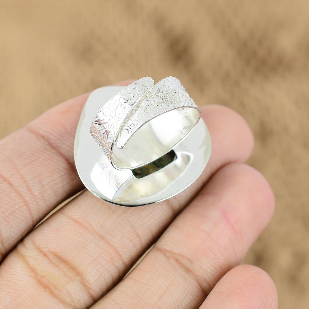Natural Rainforest Jasper Cresent Moon Adjustable Ring 925 Silver For Women