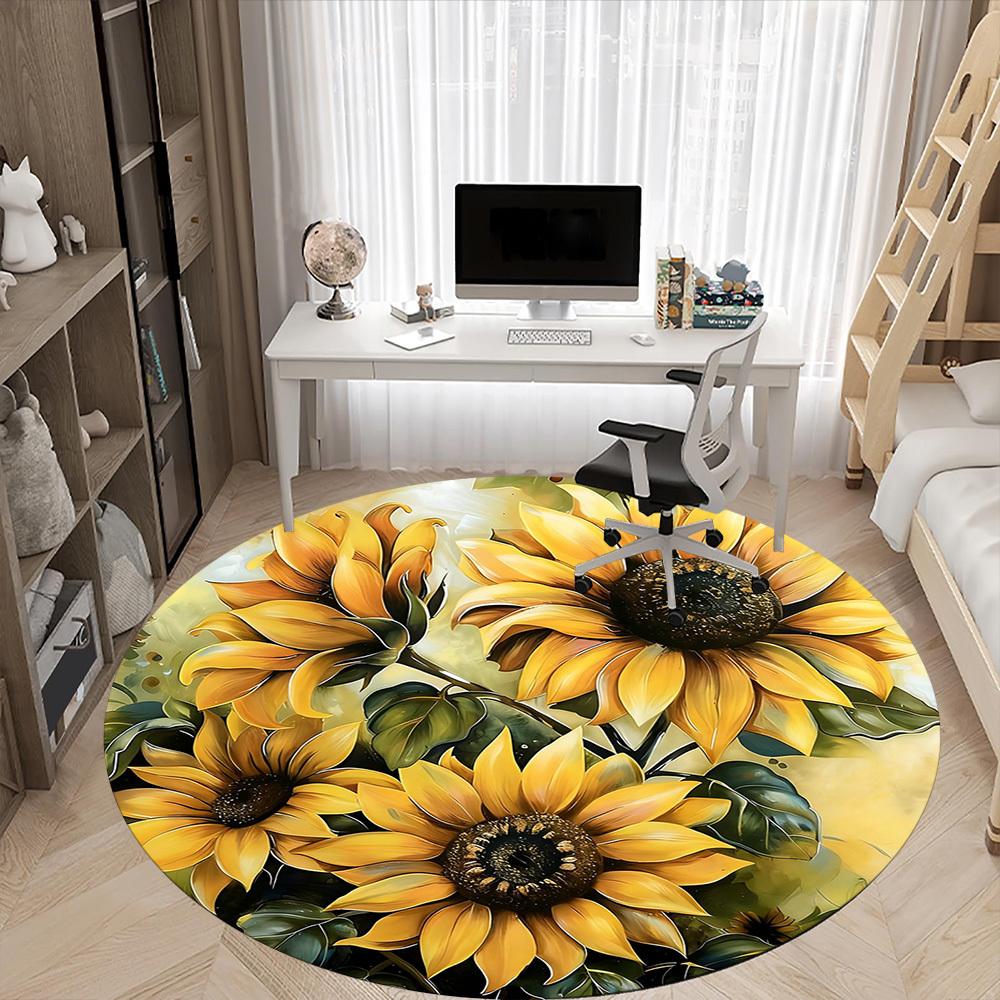 1PC Sunflower Garden Office Round Area Rug, Mat Suitable For Office, Under Office Chairs Bedroom Living Room Home Decor, Room Deco