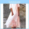 Summer Cotton Linen Double Layer Color Block Short Sleeve Round Neck Dress For Casual Wear