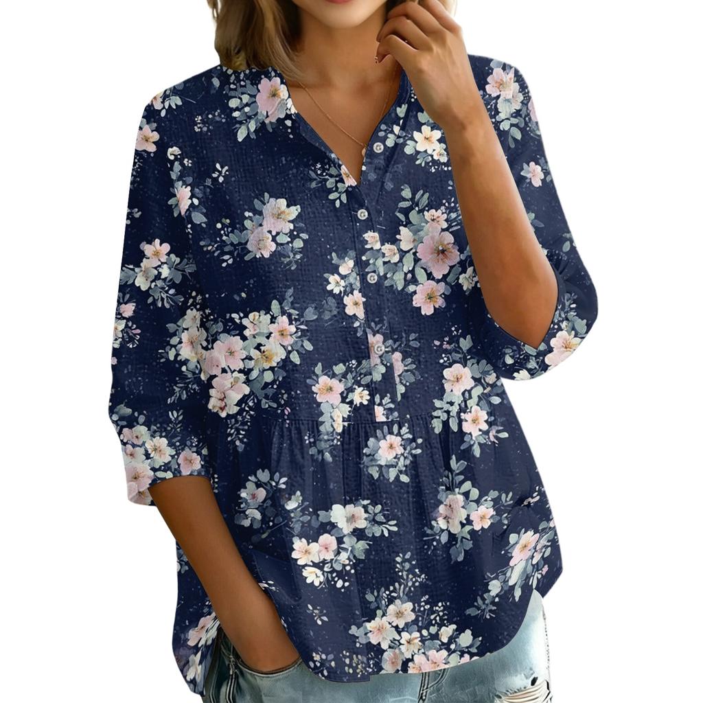 Women's Button Front Shirt Vintage Floral Print Three Quarter Sleeve Loose Fit Blouse with Lapel Collar Casual Top