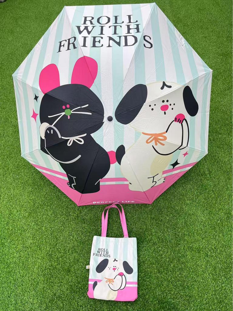 Black Dual-Use UV Protection Three-Fold Sunshade & Rain Umbrella with Tote Bag