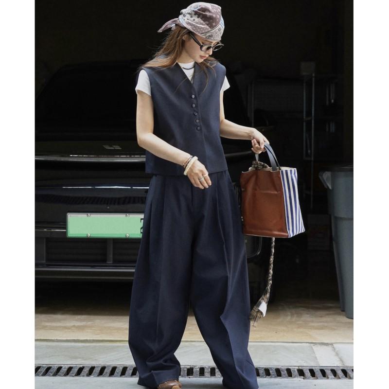 Johnature Simple Short Vest Long Pants Women Two Pieces Set Spring French Casual Long Pants Sets