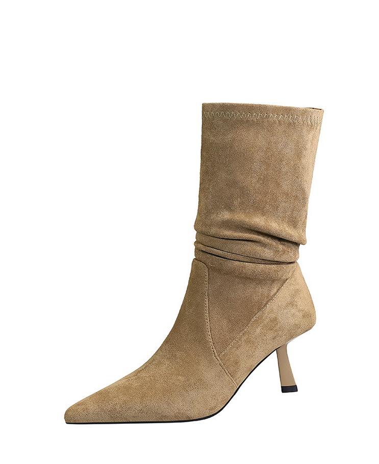Woman High Heel Boots Suede Autumn Versatile Medium Tube Short Boots Woman Elastic Suede Pointed Pleated Boots
