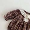 Autumn Retro Plaid Romper with Lace Collar for Baby Girls, Outdoor Crawling Suit