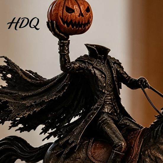 Miniature Warrior Figurine Halloween Knight On Horseback with Luminous Pumpkin Head Resin Figurine, Decorative Dark Gothic Home Decor Lighted