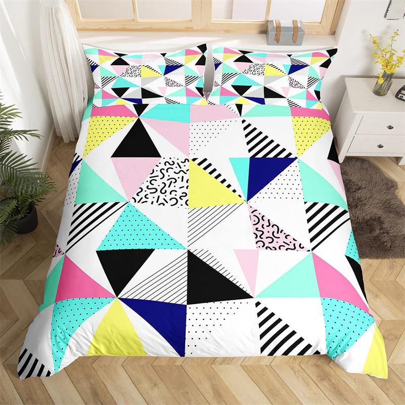 Retro 80s Style Bedding Set Twin King Size Abstract Geometric Pattern Duvet Cover Set Microfiber Circle And Triangle Quilt Cover