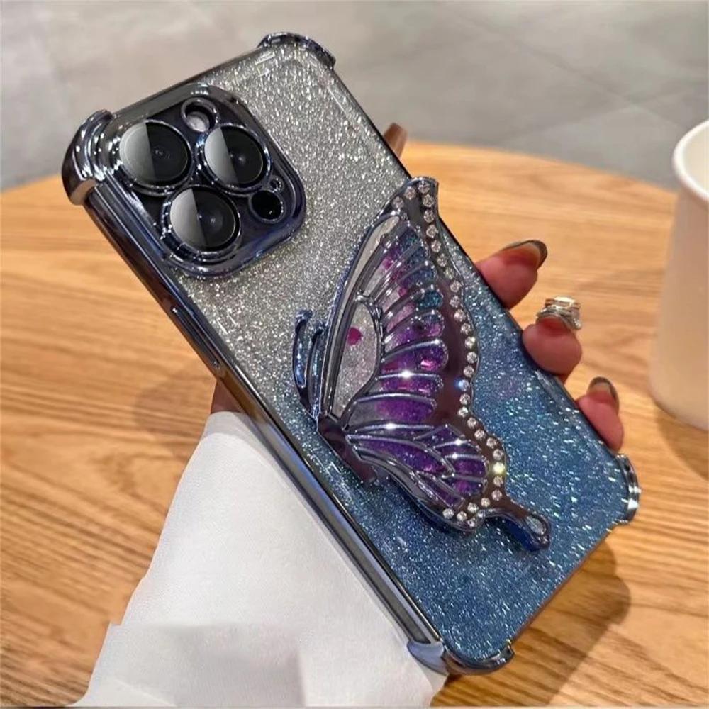 Gradient Glitter Butterfly Stand Case pro iPhone 11 12 13 14 15 Pro Max 15Plus XS MAX XR Samsung S24 S23 S22 S21 Ultra Plus S23 FE A15 A55 A14 A34 A54