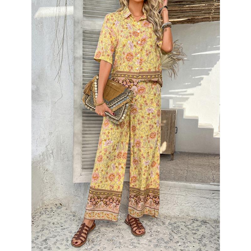 Women's Summer Print Contrasting Color Bohemian Vacation Short-sleeved Long Trousers Set