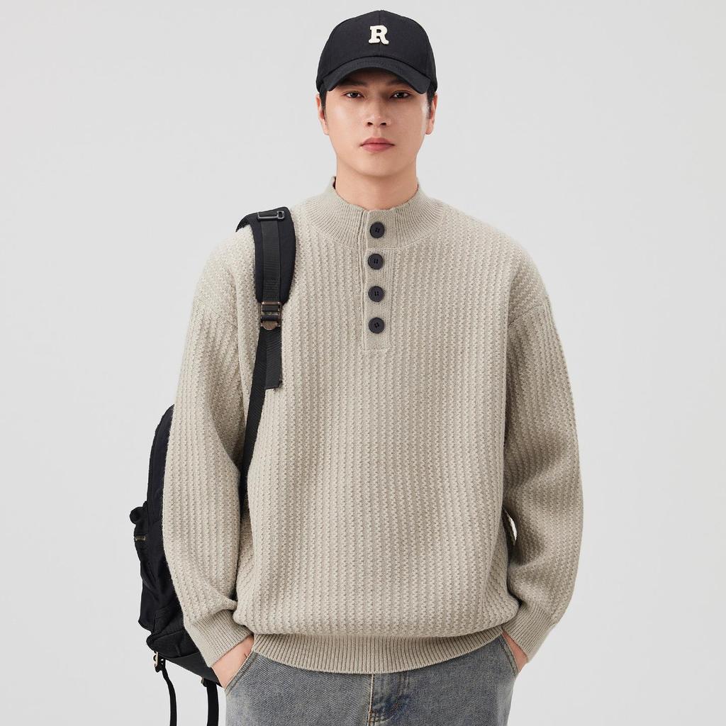 Men's Retro Knit Stand Collar Pullover - New Autumn/Winter Arrival, Versatile, Trendy, Loose Fit Sweater with Buttons
