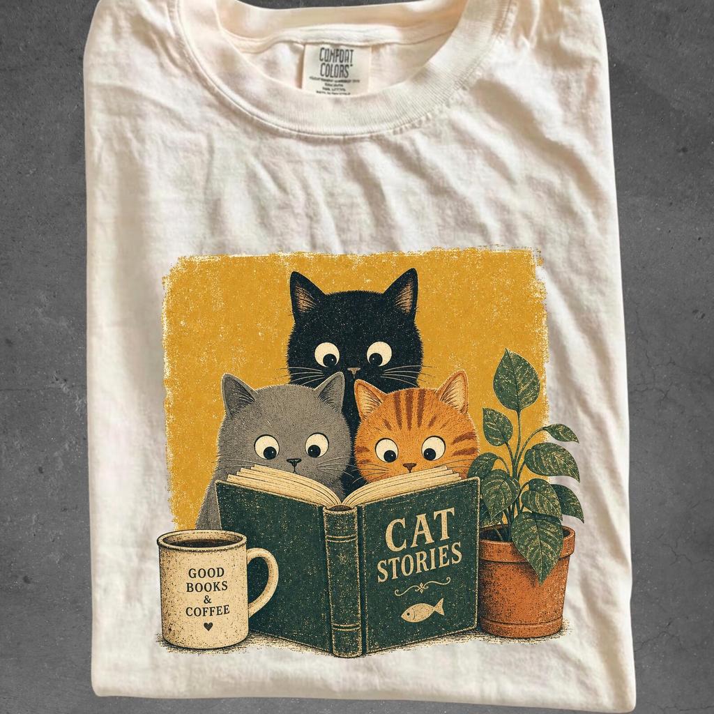 Retro Curious Reading Cats Shirt, Funny Cat Book Lover Tee, Comfort Colors Reader T-Shirt, Vintage Cottagecore Graphic Tee, Bookworm Gift