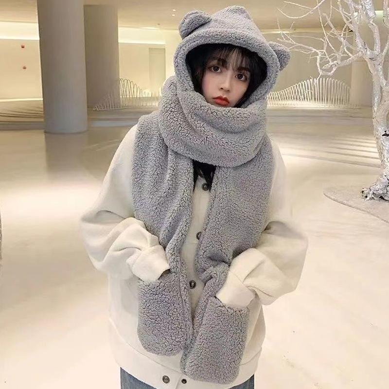 Herbst und Winter Cartoon Süßer Bär Hut Schal Drei-in-Eins Koreanischer Stil Hut Warm und Bequem Gehörschutz All-in-One Hut