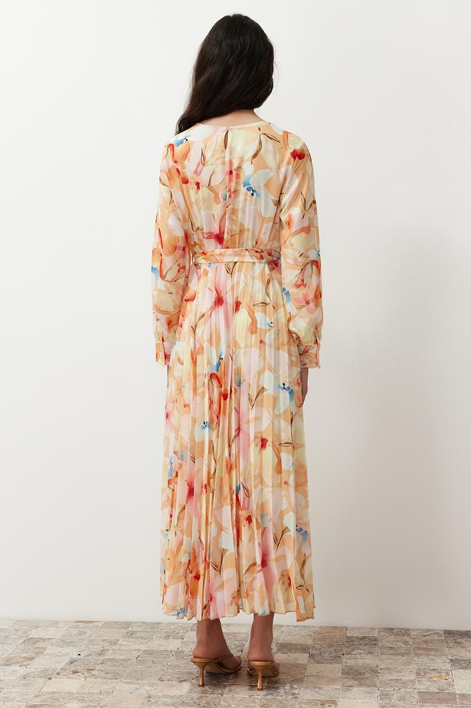 Women's Hijab Dress New Season Fashion Multi-Colored Floral Belt Detailed Lined Pleated Chiffon Woven Dress