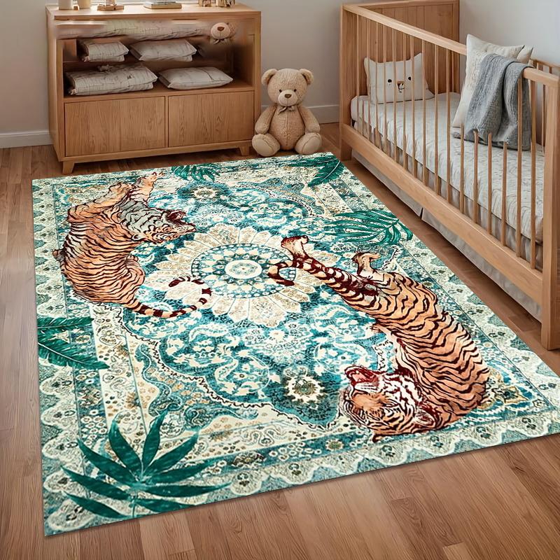 Mystical Jungle Area Rug Tiger Persian Floral Decorative Carpet Non-Slip Washable Large Area Bedroom Floor Mat Machine Washable