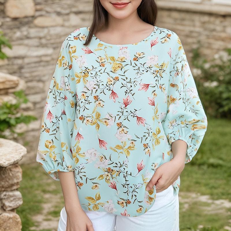 

ZANZEA Женская повседневная блузка с круглым вырезом и рукавами 3/4, свободная летняя с принтом 3XL зелёный