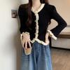 5995 #French Contrasting Color Long-sleeved Knitted Women's Autumn and Winter Thin Foreign Style Fungus Edge Horn Sleeve Sweater