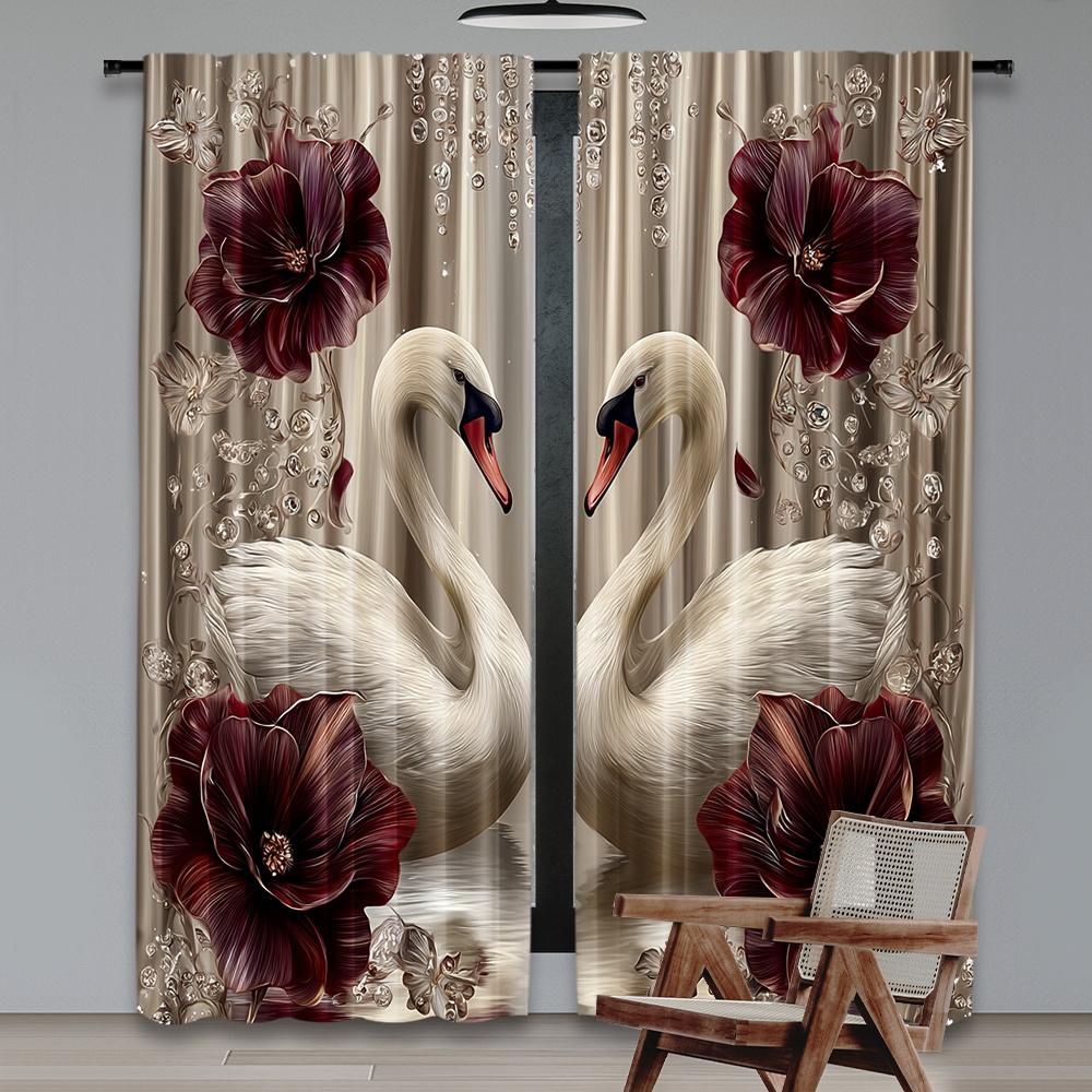 Set Of 2 Flat Printing Party Curtain Swans Roses Digital Printed Polyester Drapes Decorations Use Event Decoration