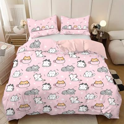 3 Stück (1 Bettbezug, 2 Kissenbezüge, ohne Füllung), rosa niedliches Cartoon-Katzen-Element bedrucktes Bettwäscheset, weich und bequem