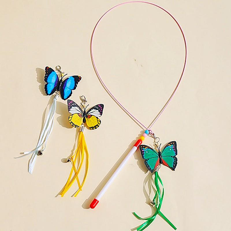 Cat Toy Butterfly Cats Stick Toy Steel Wire Cat Toys Interactive with Bell Long Handle Tassel Teaser Toys for Cats Scratching