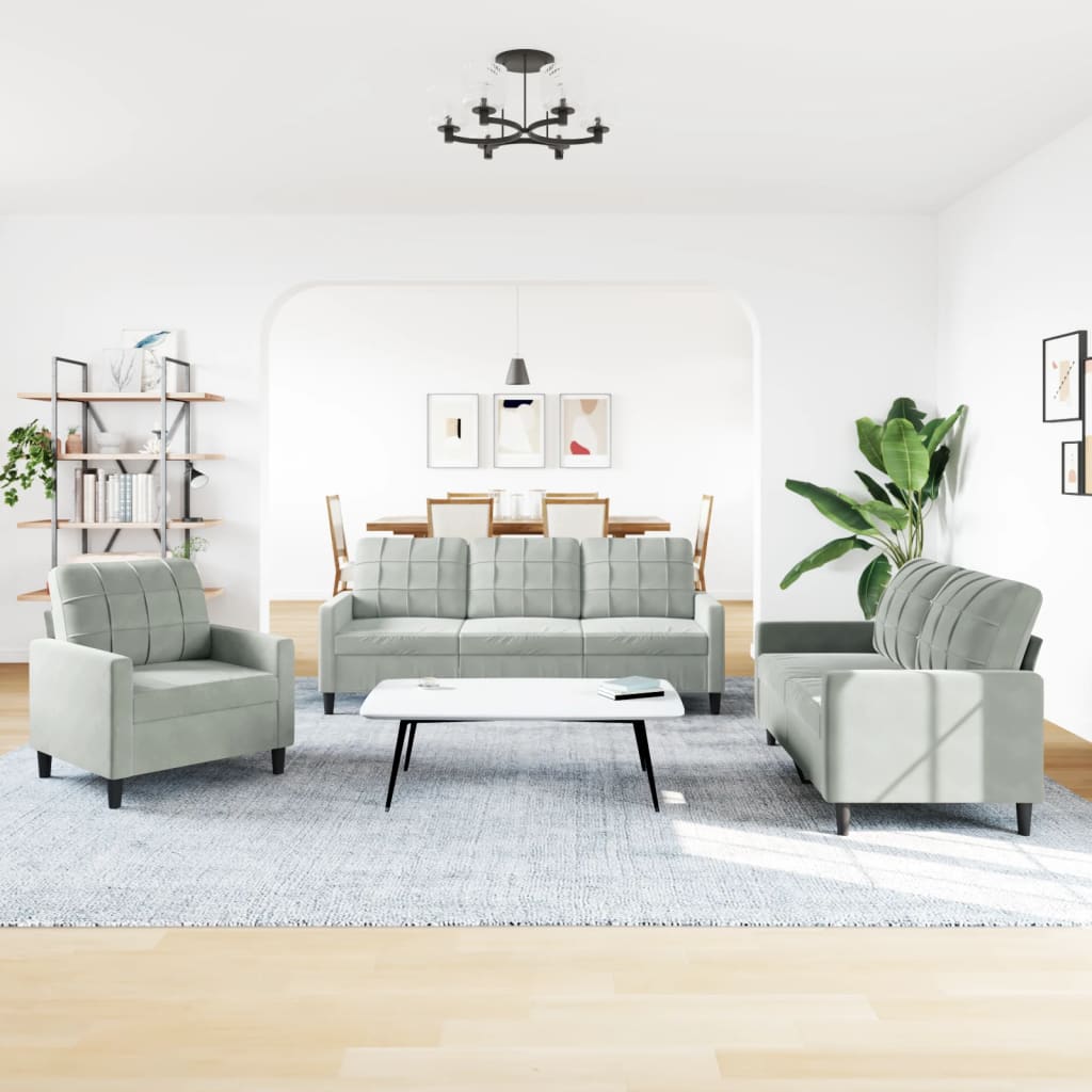 3-teiliges Sofaset mit Kissen Hellgrauer Samt
