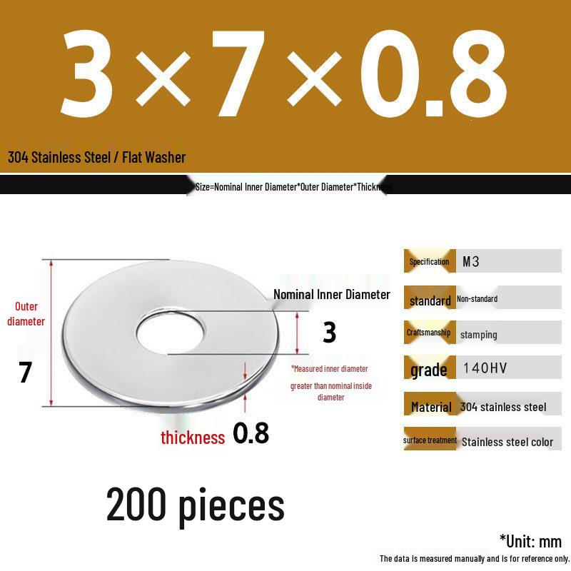 304 Stainless Steel Thickened Flat Washer Set, Sizes 2-36