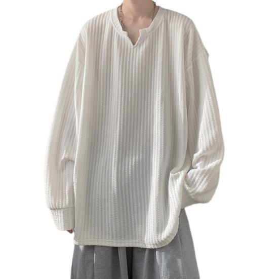 Spring Autumn Men Top V Neck Long Sleeves Oversized Solid Color Loose Mid Length Striped Texture Pullover Hip Hop Streetwear Sweatshirt