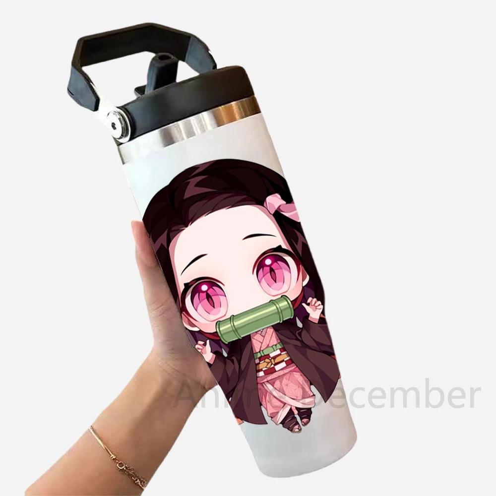 30oz Anime Portable Car Cup Stainless Steel Thermos Cup with Straw Travel Sport Water Bottle Handle Cover Coffee Vacuum Flask