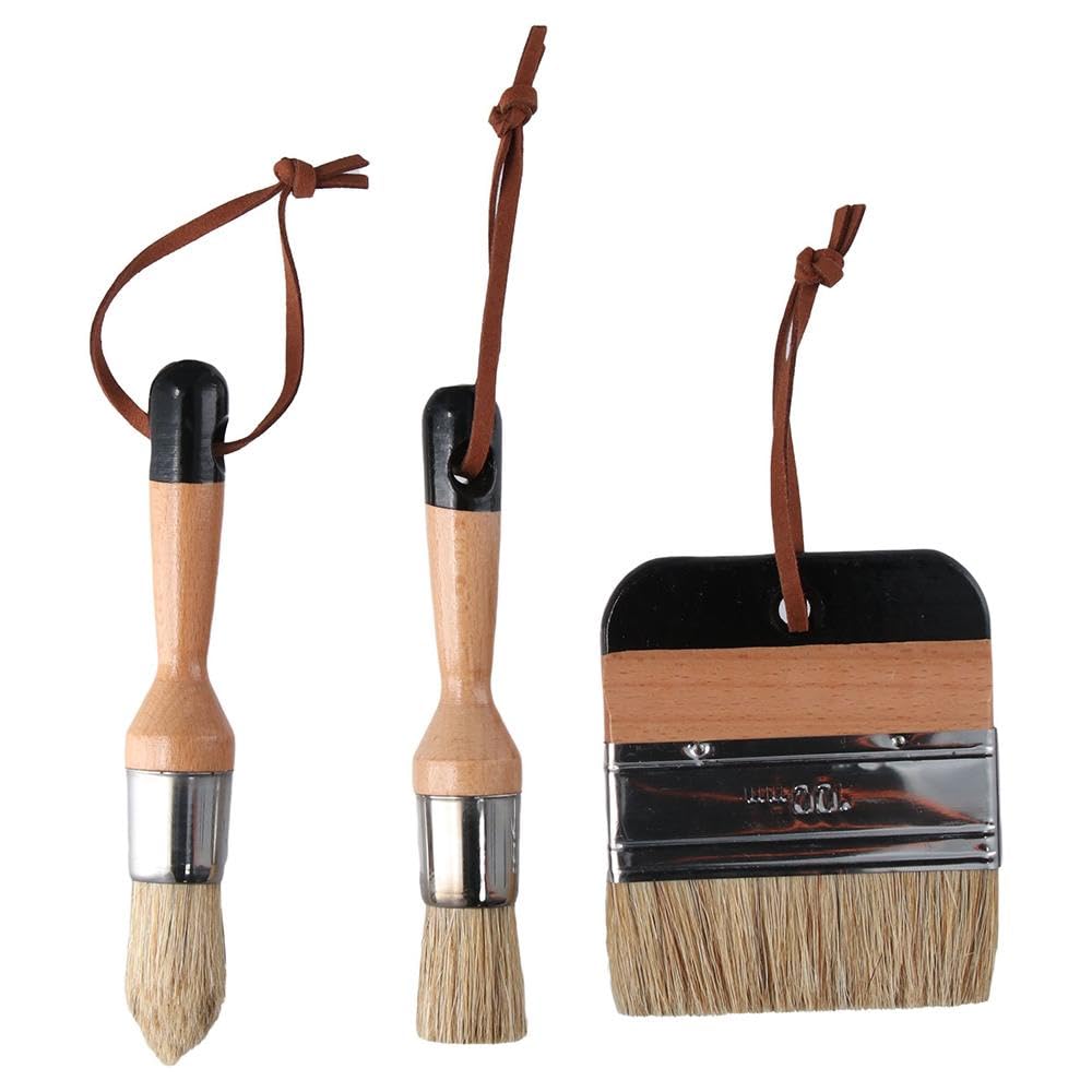 Qicarkey Chalk and Wax Paint Wooden Handle Oval Brushes with Flat and Round Pointed Bristles for Acrylic Stencil Brushes 3-Piece Brushes, Painting,