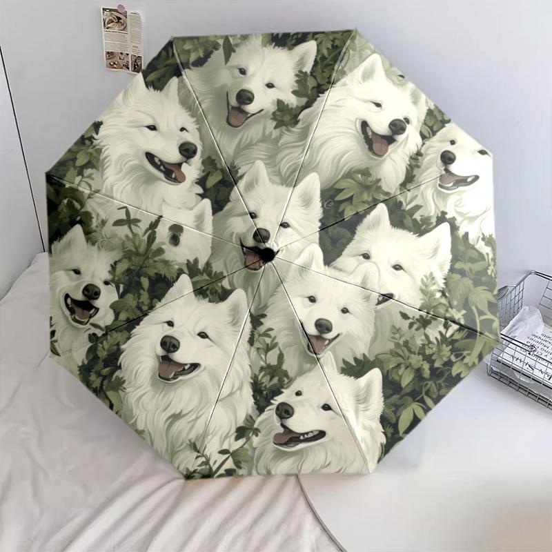

Samoyed and Plant pattern, automatic folding umbrella, portable and foldable design, 8 ribs, a Christmas or birthday gift.