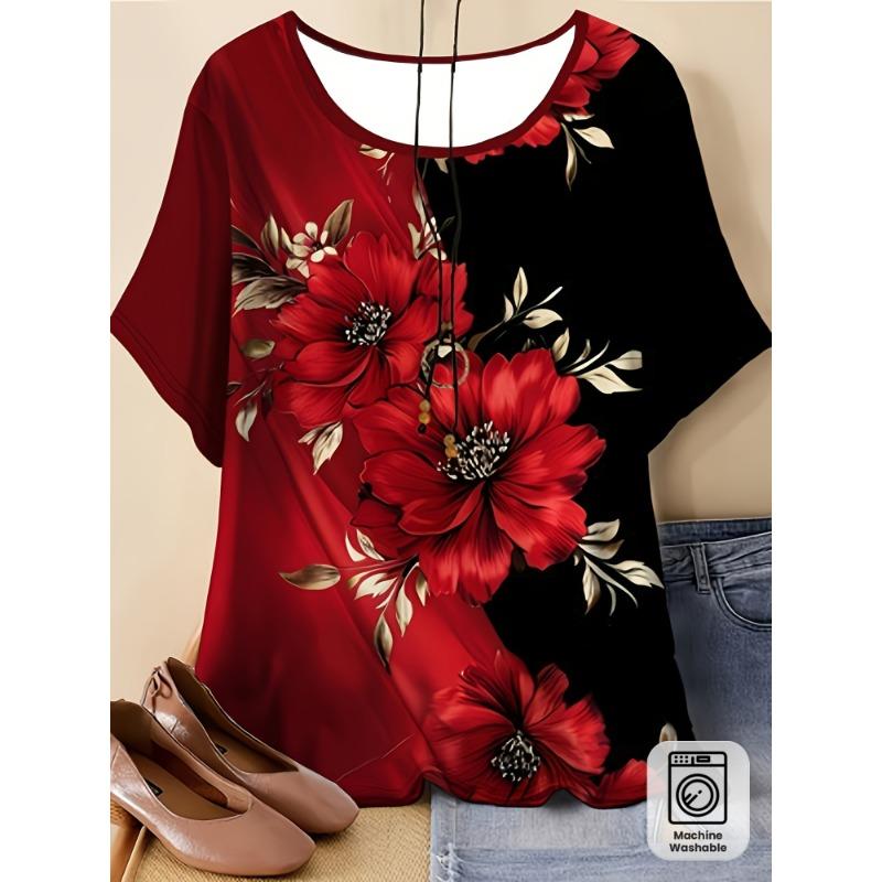 

Plus Size - Women s Round Neck Short-sleeved T-shirt, Classic Black and Red Color Scheme - Gorgeous Floral Pattern Print S