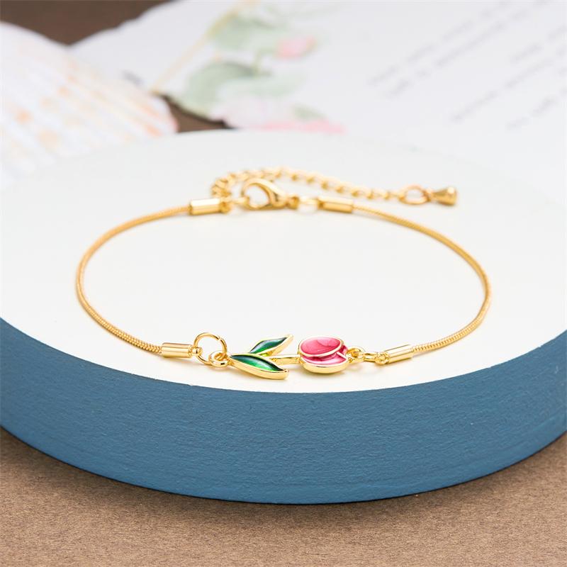 Koreanisches Tulpenblumen-Armband für Damen Leichter Luxus Emaille Kupfer Hummerverschluss Kette Verstellbares Charm-Armband Trendiger Schmuck