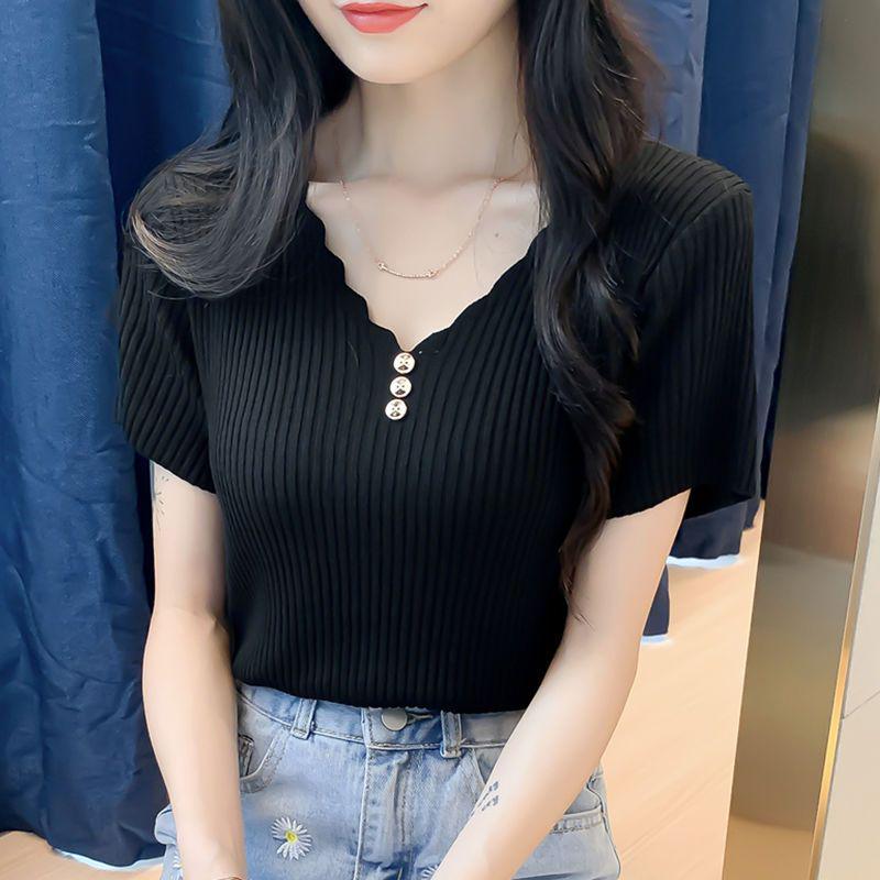 Women's Ice Silk V-Neck Button Knit T-Shirt - 2026 Summer Loose Korean Style Short Sleeve Top