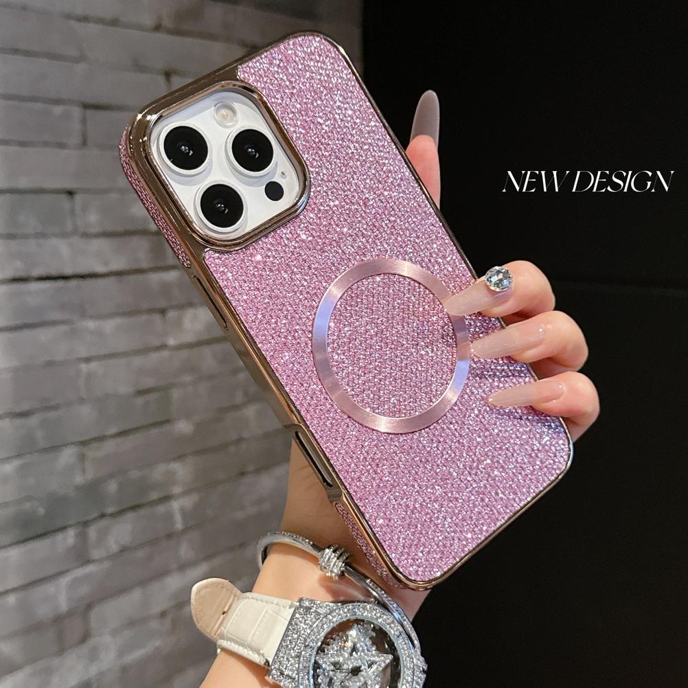 Shiny Rhinestone Glitter Plated Border Magnetic Ring Case for iPhone 16 Pro Max 15 Plus 14 + 13 Pro 12 11 Lens Protection Cover