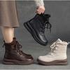 Johnature Krótkie buty na grubej podeszwie Retro Skóra naturalna Pluszowe Ciepłe Okrągły nosek Sznurowane Buty damskie