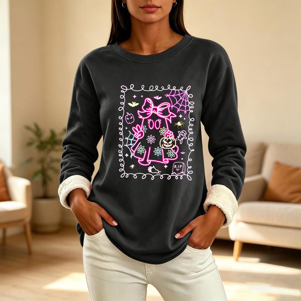 Women's -Lined Long Sleeve Round Neck Halloween Printed Casual Top for Winter