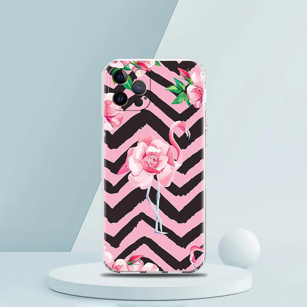 For iPhone 15 16 14 13 12 mini 11 Pro Max XS X XR SE 7 8 Plus Silicone Clear Cover lovely Pink Flamingos leaf Phone Case