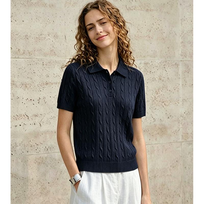 Old money style three-dimensional twisted flower and paper yarn short-sleeved polo shirt lapel T-shirt women's summer twist knitted sweater commuter t