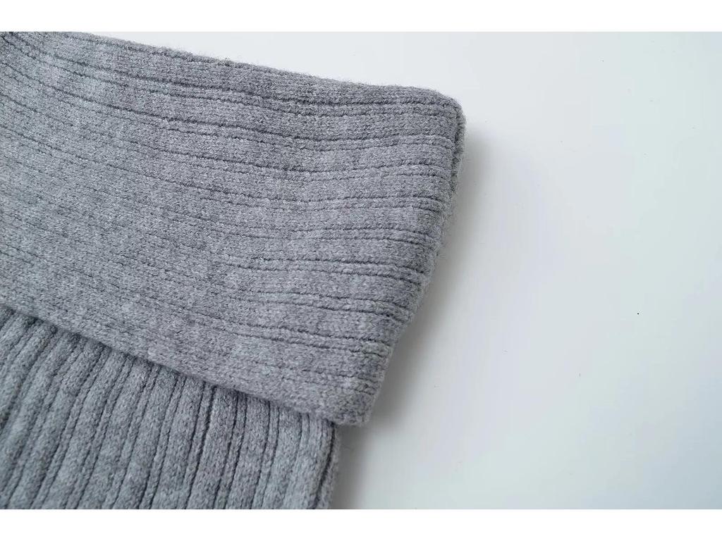 Mature Retro Fold-over Waist Knit Midi Skirt for Women - Slimming Hip-hugging Grey Skirt for Autumn/Winter