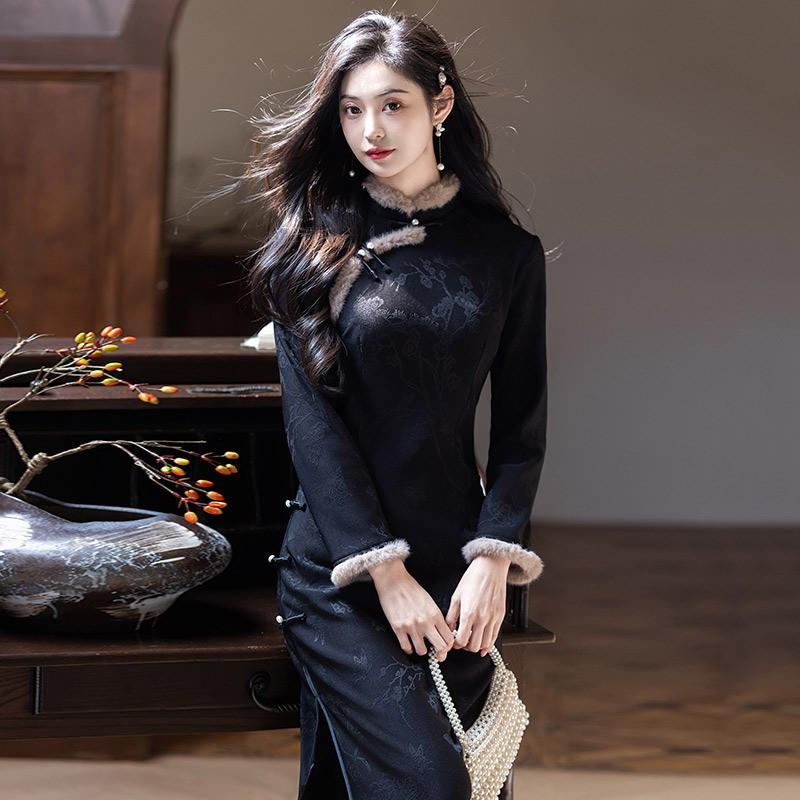 Long Sleeve Black Velvet-Trimmed Chinese-Inspired Winter Dress With Stand Collar Side Slit Women