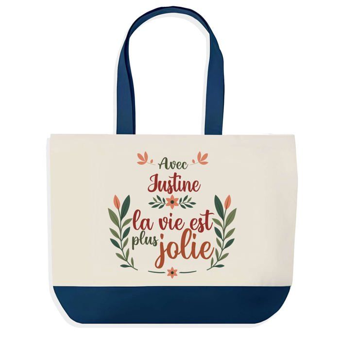 Tote bag - PLANETEE - Justine la vie est plus jolie - fond bleu - coton 40x45 cm - grand format