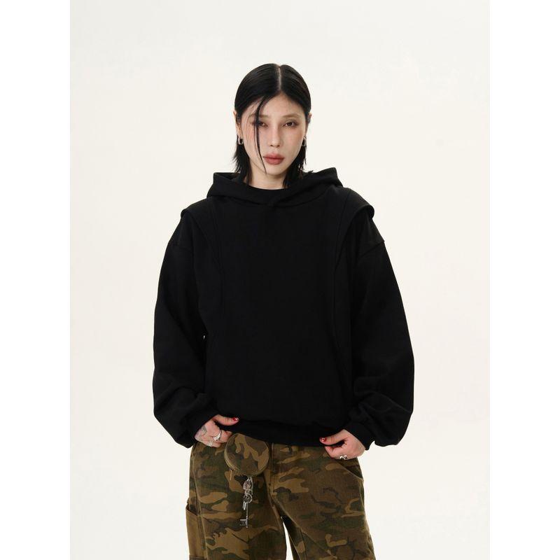 Kisko Deconstructed Patchwork Boxy Commuter Hoodie Unisex American Casual Oversized Cropped Hoodie Jacket Trendy