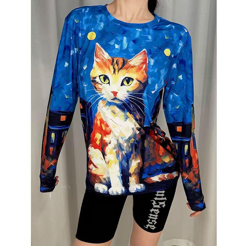 2025 base fashion foreign style new long-sleeved tie-dye foreign trade printing T-shirt, long-sleeved T-shirt slim-fit loose top
