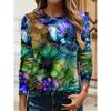 Women's 3D floral print T-shirt fashionable long-sleeved round neck regular tops holiday weekend spring and autumn