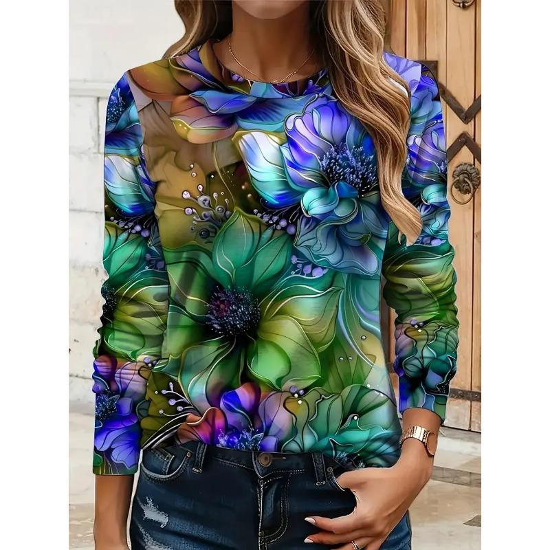 Women's 3D floral print T-shirt fashionable long-sleeved round neck regular tops holiday weekend spring and autumn