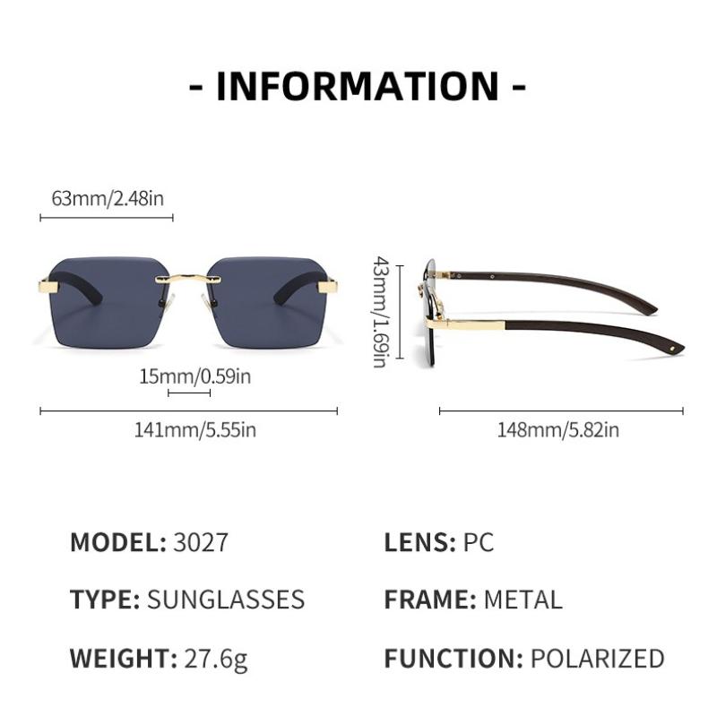 Fashion Rimless Square Sunglasses for Men Women New VintageMetal Frame with Wooden Temple, Classic Retro Shades UV Protection