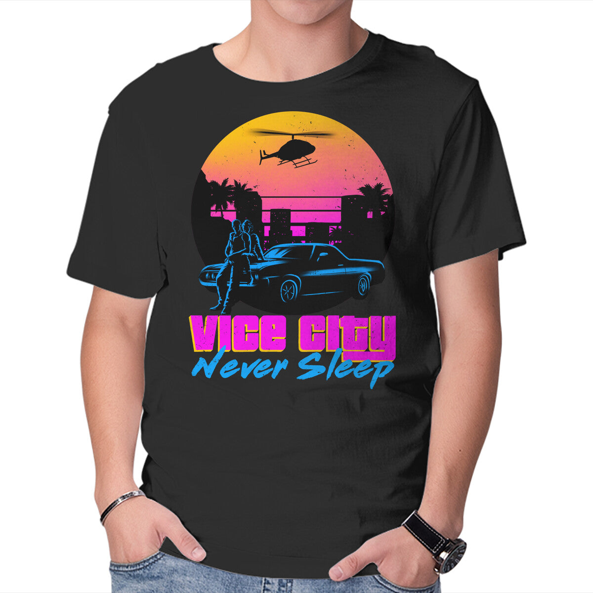 Unisex Crew Neck T-Shirt Never Sleep Graphic Short Sleeve Casual Tee L