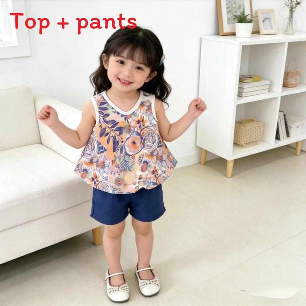 Summer Kids Twopiece Outfit With Floral Pattern Soft Fabric