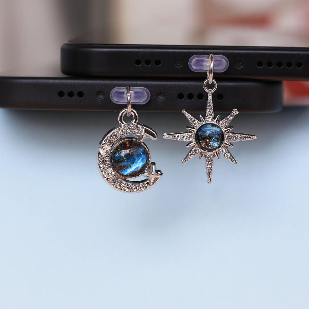Blue Planet Moon And Star Shaped Mobile Phone Dust Plug Pendant Hanging Decoration Accessories For Iphone Type-c Port Lanyard
