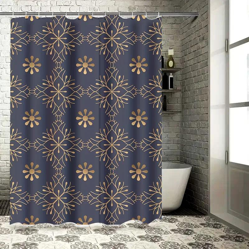 Luxury Floral Blue Bathroom Shower Curtain Waterproof Washable Decorative Home Decor Customizable Size Available Black Gold Fabr